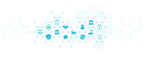 CSR / ISO vector illustration. Concept with icons related to corporate social responsibility, corporate self regulation or corporate conscience, ethics or values, company policy & standards.