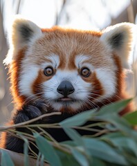 Fototapeta premium Curious Red Panda Portrait: Vibrant Fur and Playful Eyes, Minimalist Wildlife Photography on Smooth Background
