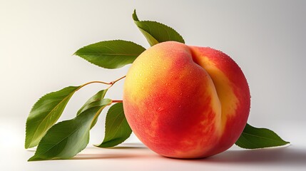 A single, ripe peach with green leaves on a white background.