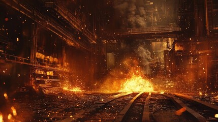 Industrial background highlighting the smelting process with melting steel and iron in a metallurgical setting. The image captures the essence of industrial smelting with ample copy space.