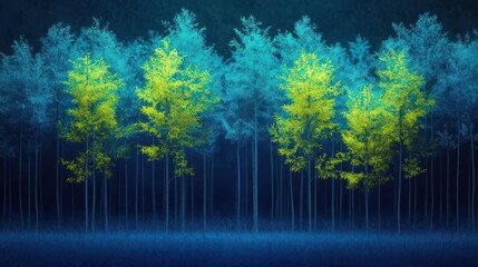 A vibrant forest scene features colorful trees standing in a mystical blue atmosphere, creating a serene and enchanting environment.