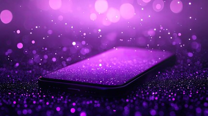 Virtual phone silhouette with purple particles set against a glowing background, creating a vibrant visual effect. Ideal for designs needing a modern touch, with ample copy space.