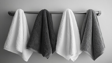 White, black, and grey cotton terry towels are shown hanging on rail, isolated for clarity