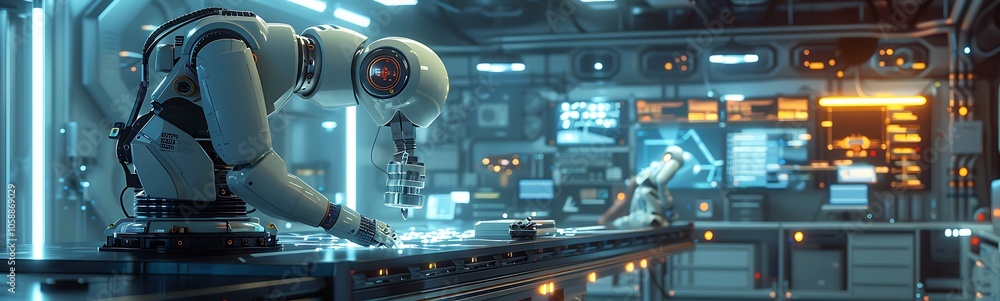 Leinwandbilder a futuristic setting featuring humanoid robots working on advanced technology amidst screens and mac