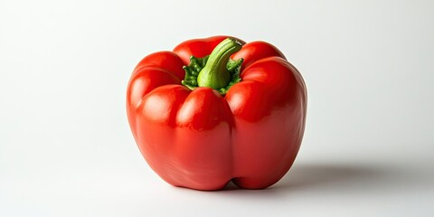 Fresh red bell pepper is placed alone on a white background, showcasing its vibrant color and distinct shape, emphasizing its freshness and appeal.