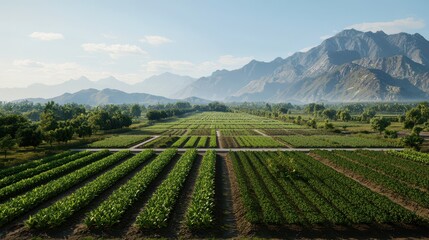 Naklejka premium A lush green farmland with organized rows of crops stretches below majestic mountains under a clear sky, showcasing rural beauty and agricultural life.