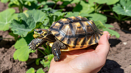 Obraz premium a tortoise eating from caring hand, garden background
