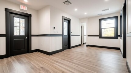 White panel walls with black trim in meeting room, modern design with clean lines and bright lighting