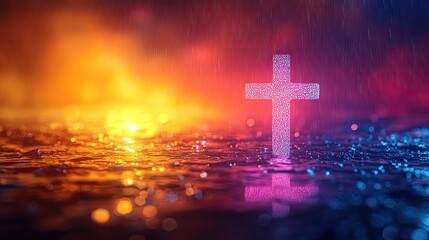 Worship written in white calligraphy with cross in the blurred background, on yellow and purple backdrop