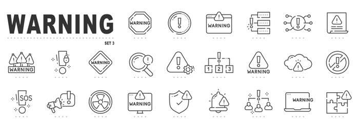 Set of warning related line icons. Alert, caution, danger, error, shield etc. Editable stroke. Set 3