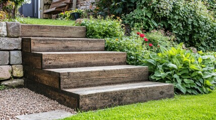 New steps in a garden or back yard leading to a raised patio, alongside a new raised flowerbed made using wooden sleepers