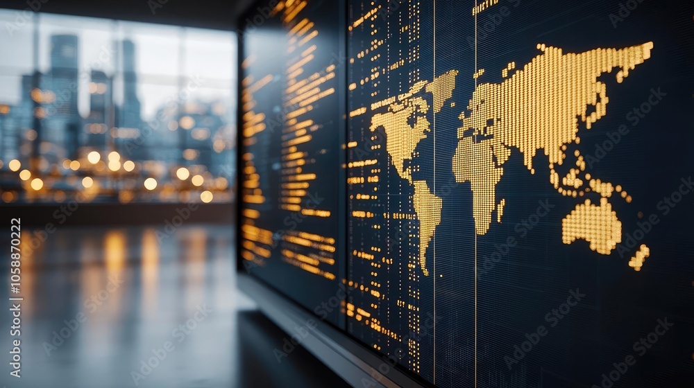 Poster digital world map on a screen with blurred city background.