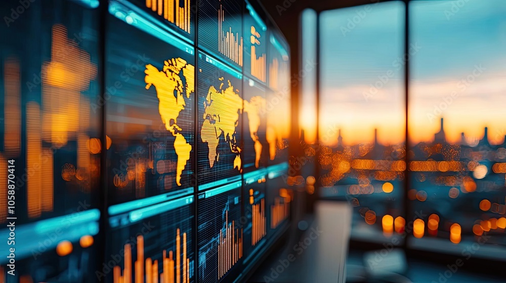 Poster modern data visualization on screens with cityscape view at sunset.