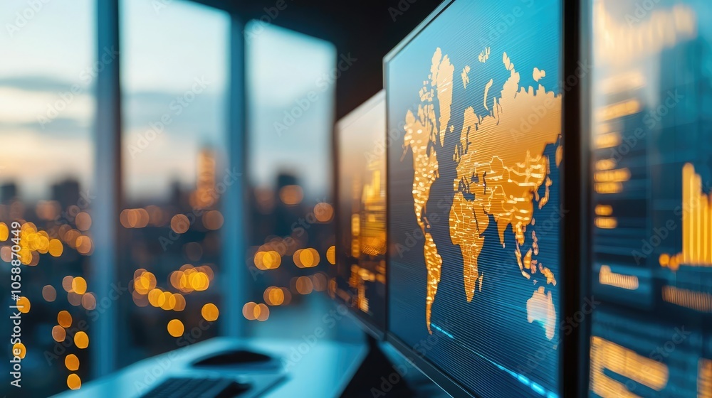 Poster high-tech workspace with global map on screen and city lights in the background.