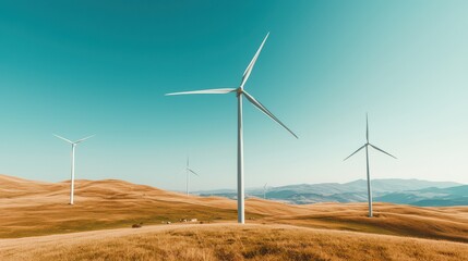 Fototapeta premium A serene landscape featuring multiple wind turbines against a clear blue sky, embodying renewable energy and sustainable practices.