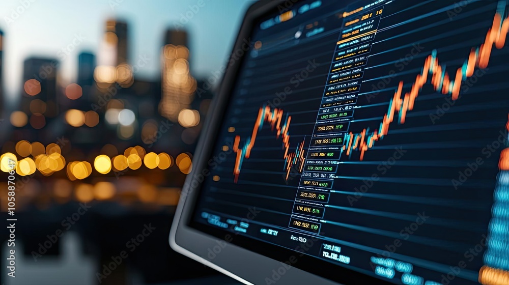 Poster close-up of stock market data displayed on a computer screen at night.