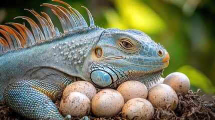 Fototapeta premium Iguana resting on her eggs captures the serene moment of wildlife. This iguana on her eggs highlights the beauty of nature, with ample space for text in the composition.