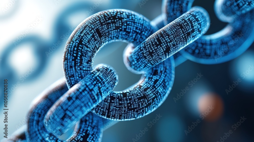 Poster blockchain technology chain link with glowing digital code