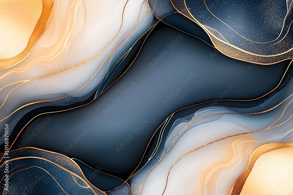 Poster abstract fluid art with swirling blue, gold, and white waves creating a dynamic and elegant pattern,