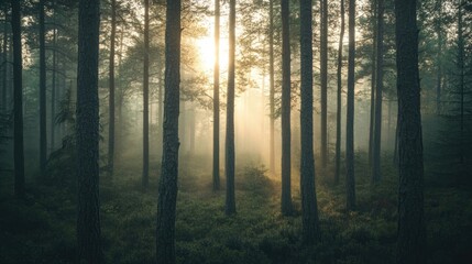 Serene morning light filters through the foggy trunks of a forest, creating a beautiful scene filled with soft sunlight and an atmosphere of tranquility. Photo style includes ample copy space.
