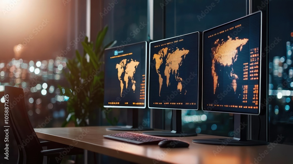 Poster Multiple monitors displaying global data analytics in a modern office.