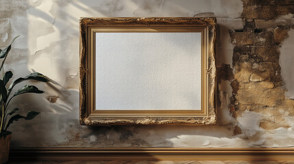 gallery style beautiful gold empty frame on the wall, copy space