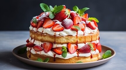 Layered cake with fresh strawberries and mint, beautifully arranged in a modern kitchen