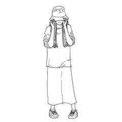 バケットハットを深くかぶるロングヘアの女性（mono、jpeg）