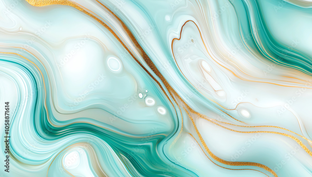 Poster abstract turquoise and gold marbled texture with fluid swirls, creating a calming and elegant visual