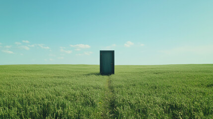 a single door standing in the middle of the green field, beautiful summer day, cinematic shot, tilt angle shot