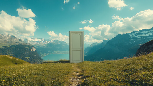 a single door standing in the middle of the green field, beautiful summer day, cinematic shot, tilt angle shot