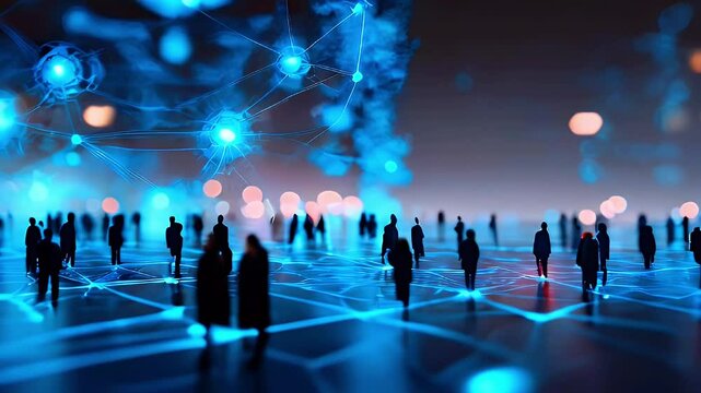 Silhouettes of people standing on a blue glowing network of lines, abstract shapes in the background,  connectedness, community,  technology, innovation, digital, future.