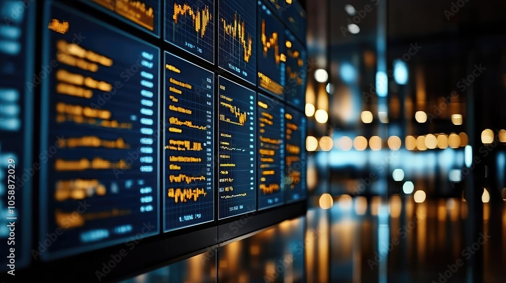 Poster financial data display on a digital board in a modern office environment.
