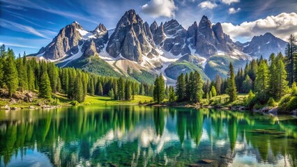 Fototapeta premium Towering granite peaks with snow-capped summits, lush green forests and sparkling alpine lakes in a serene mountain landscape, mountain range, peaceful, terrain