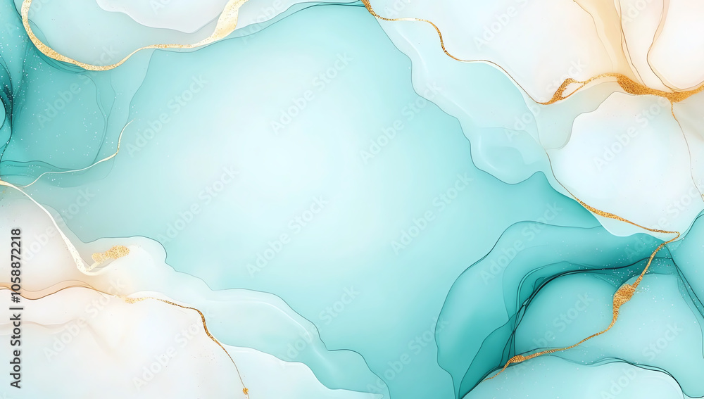 Poster elegant abstract background with fluid teal and white swirls, accented by golden lines, creating a t
