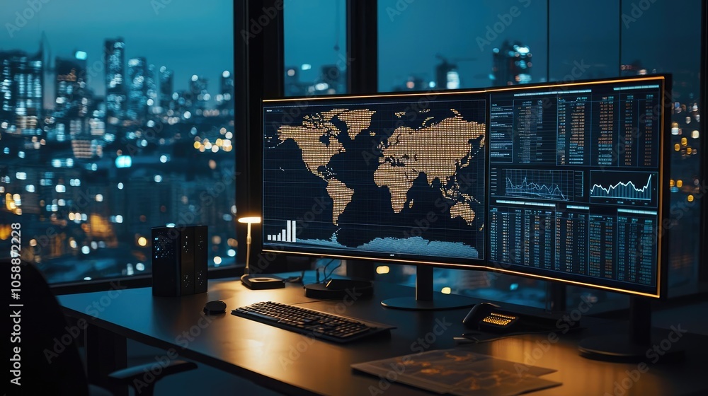 Fototapete Modern workspace with multiple screens showing global data and city skyline views.