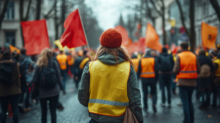 Protesters marching on a city street, holding flags and wearing high-visibility vests, demonstrating for their rights
