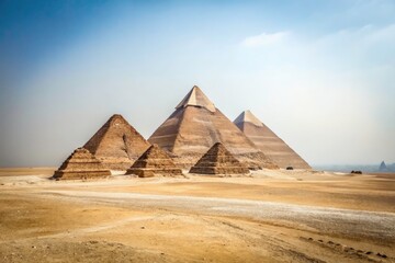 Minimalist Pyramids of Giza on White Background - Modern Simplicity, Architectural Elegance, Egypt, Desert, Ancient Wonders, Travel Photography, Iconic Landmarks, Clean Design, Visual Aesthetics