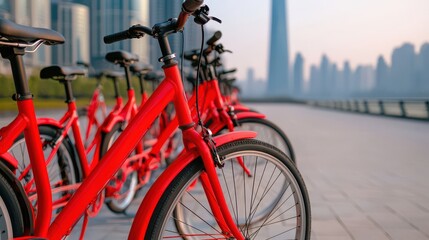 Obraz premium A row of bright red bicycles lined up along a modern city waterfront, with skyscrapers and a tower visible in the background during golden hour.