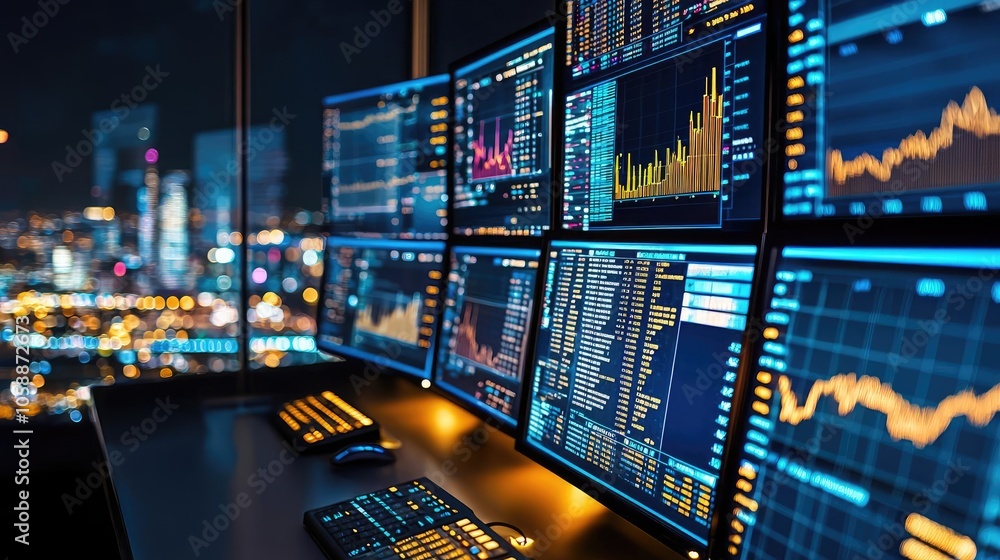 Poster financial data displayed on multiple monitors in a modern office at night.