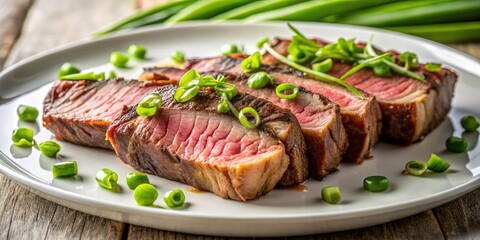 Minimalist Seared Steak Presentation with Green Onion Garnish on White Plate for Culinary Art and Food Photography