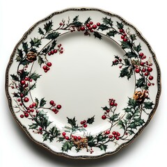 Festive plate with winter Christmas landscape isolated on white background, top view. Decorative plate featuring a painted scene of snowy trees, a cozy village, or holiday motifs