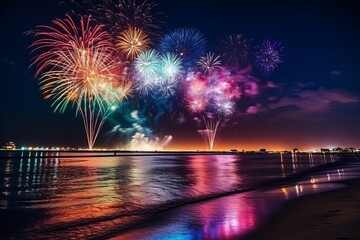Colorful fireworks illuminate the night sky over the beach during a summer celebration