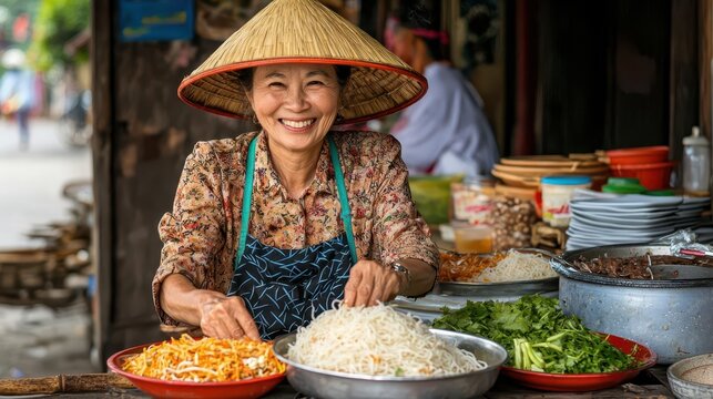 Asian street food vendor preparing rice noodles with vibrant ingredients, street food with rice, culinary culture