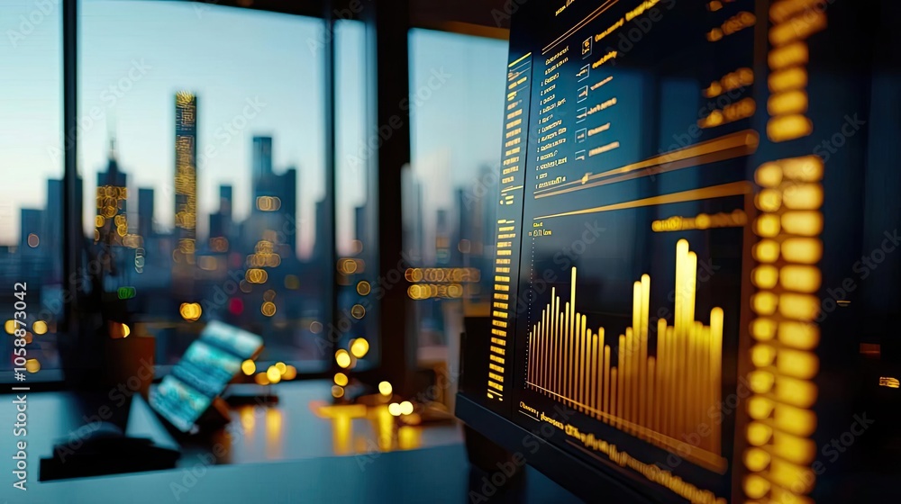 Aufkleber modern office workspace with data analysis on screen and city skyline view.