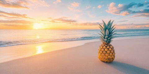 A pineapple rests on a picturesque tropical beach during the breathtaking moments of sunset, capturing the beauty of nature in that serene setting.