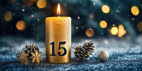 Gold Celebration Candle Number 155 set against a starry backdrop. The candle signifies a festive moment, beautifully highlighted by the sparkling starry scene.