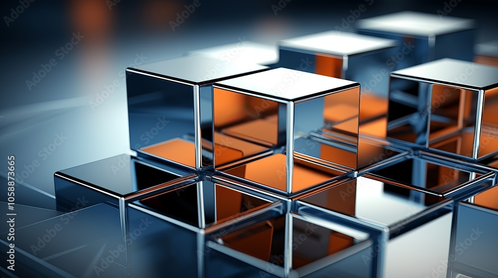 Poster reflective metallic cubes arranged on a smooth surface in a modern design setting