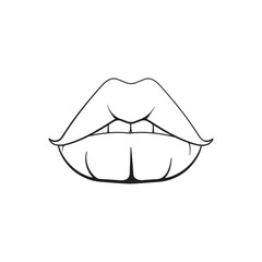 Woman beautiful lips in black and white in outline style, female sexy lips, isolated on white background for icons, logo, kiss, stickers