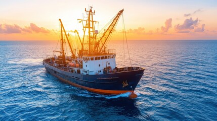 Fototapeta premium Fishing Vessel Sailing at Sunset Ocean Sea Commercial Fishing Boat Maritime Industry
